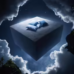 a surreal image of a bed in the clouds with blue pillows