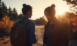 two female teenagers are standing on a path in the woods