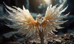 a bird made out of a plant sitting on a rock