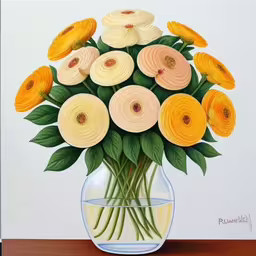 the vase is filled with yellow flowers on the table,some pretty flowers are in a clear glass vase,a painting of yellow flowers in a vase,the painting shows large yellow flowers in a glass vase,a vase filled with yellow and orange flowers on a table