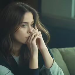 a woman is leaning her chin on the couch
