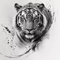 a black and white drawing of a tiger