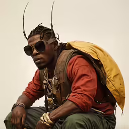 the man is dressed like an antelope and holding a small bag