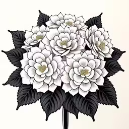 black and white drawing of some flowers in a vase,a bouquet of flowers with black leaves and white flowers