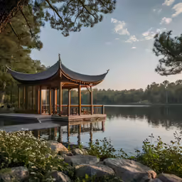 a small pavilion next to a lake surrounded by rocks