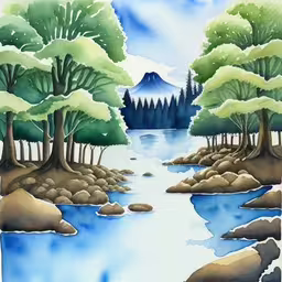 a drawing of a river flowing through a forest,the painting depicts a lake and trees near a mountain