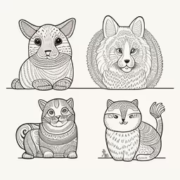 some cats and dogs are drawn by hand,four different cats in line art style