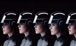 various facial expressions of a woman wearing headgear