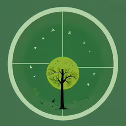 a tree with a bird on it in a big green circle,a tree sits in a green circle with an insect - free area