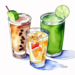 an illustration of some drinks in a row,this is a painting of two glasses of water with a drink next to each other
