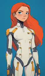 a red - haired girl in space suit, posing with her hands on her hips