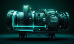 an open camera lens with a green light on top
