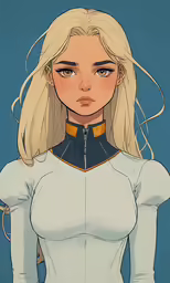 the blond hair girl with long blonde hair is wearing a white uniform and is staring at the camera