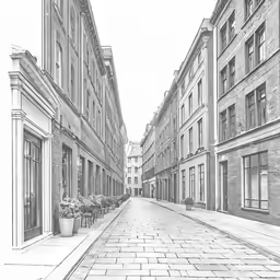 an empty city street with several chairs and tables