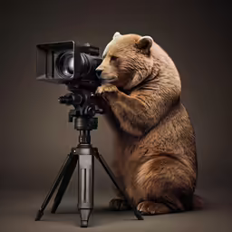 a bear sitting on a tripod behind a camera