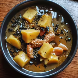 a bowl of soup with lots of cheese and meat