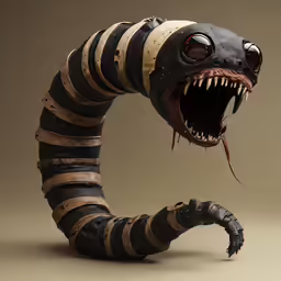 a creepy looking striped toy in the shape of a snake with an open mouth
