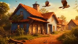 two birds fly over a colorfully painted cottage,the two birds fly near an old house