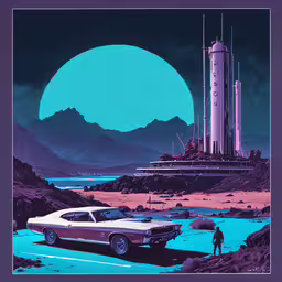 a car parked next to the ocean near a space station,a car that is parked in front of a building