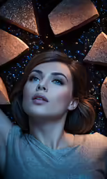 a beautiful woman laying on the floor with her arm around a pillow