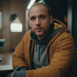 a man wearing a brown hoodie looks off to his left