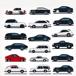 multiple color car silhouettes, each different,several cars parked on the same street,various cars from the last to now,different car silhouettes set in multiple colors,a group of eight cars that are shown in all different colors