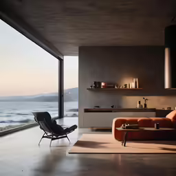 a living room with the ocean outside the window
