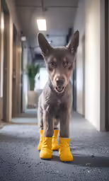 a puppy wearing rain boots and standing in a hallway