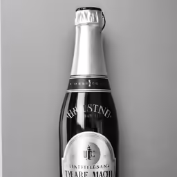 a glass bottle with a black label on it sitting on a grey surface