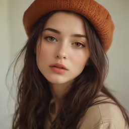a woman with brown hair wearing a brown hat