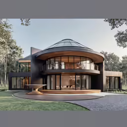 a round house with a circular porch surrounded by trees