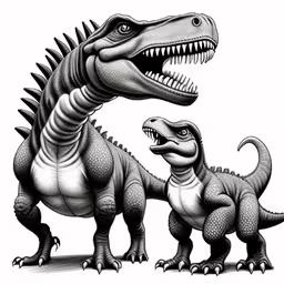 a drawing of two dinosaurs, one with its mouth open,two large and small dinosaurs standing next to each other,two dinosaurs that are looking like they have large mouths,two dinosaurs with large, sharp teeth on them,an image of two dinosaurs that are facing each other