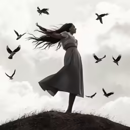 a girl on top of a hill with birds