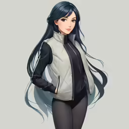 a drawing of a female with long black hair wearing a gray jacket