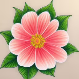 a painting of a flower with green leaves,the design is colored in very pink and green,the flowers have pink petals, leaves and green stems on them,a picture of some flowers painted on the wall,colored drawing of a flower on a white surface