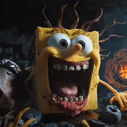 a yellow spongeach with its mouth open and a fire in the background