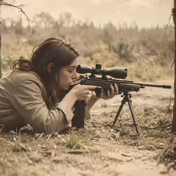 woman lying on the ground while aiming a rifle