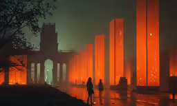 a painting with multiple columns and people walking in the rain