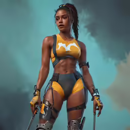 a woman in a yellow and black outfit with ski poles