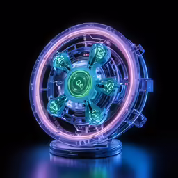 a futuristic wheel on display with neon lights