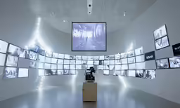 the interior of a gallery contains a television and multiple video screens