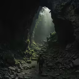 two people are hiking through a tunnel in the woods