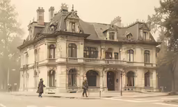 old fashioned building with two people on street corner