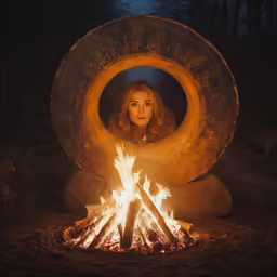 a woman is sitting behind a big fire
