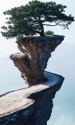 a lone tree on top of a cliff with a body of water below