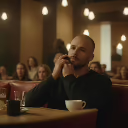 a man sitting at a table with his hands under his chin