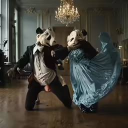 a couple wearing panda masks and a blue dress
