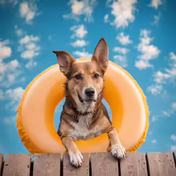 a dog laying on a wooden table with a float in his mouth