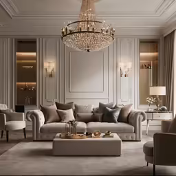 the couch and chairs in the room are in neutral colors