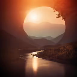the sun rises over mountains above a river in this beautiful photo